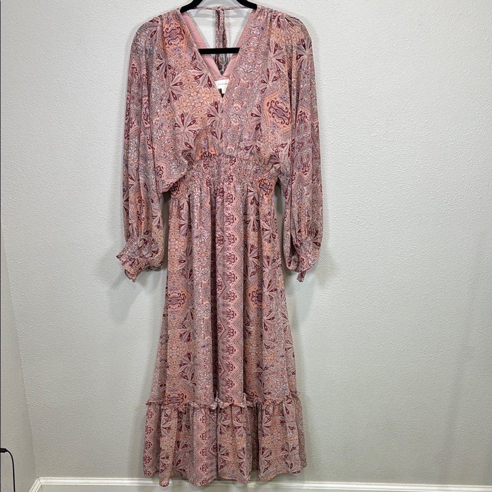 Bohme Pink Ruffled Tiered Long Sleeve Sundress bohemian paisley
